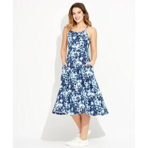 PACT Fit and Flare Midi Tank Dress Blue White Dye Sz L Cotton Blend GREAT